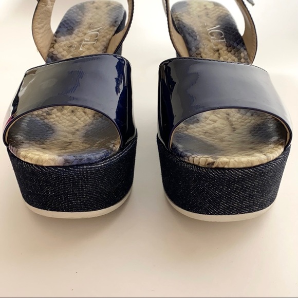 AGL 👡 PLATFORM WEDGE SANDALS denim and NAVY patent leather with wide strap - Picture 8 of 12